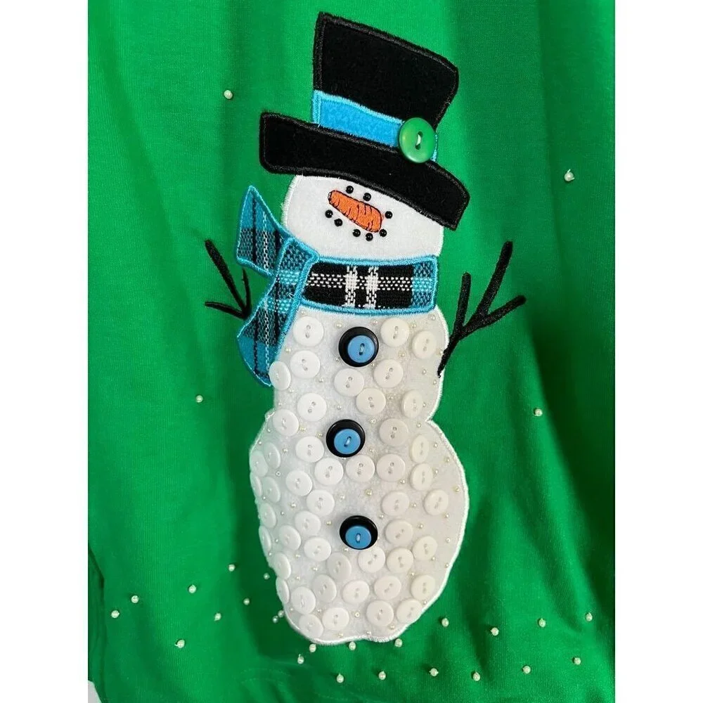 Casual Living Jacket‎ 1X Green Snowman Festive Santa Holiday Granny Preppy Cozy